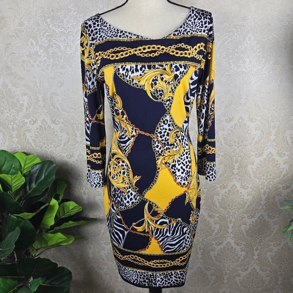 Cache Size 10 Navy Gold White Sheath Dress Animal Print Chain Pattern Sleeves